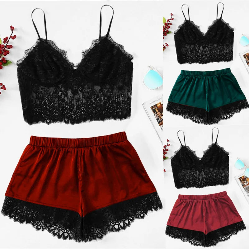 Sheer Black Lace Bralette and Jewel-Toned Satin-Finish Shorts Sleep Set