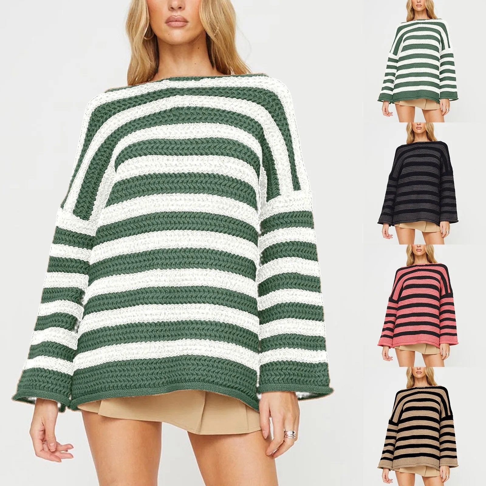 Women's Oversized Striped Crew Neck Relaxed Knit Pullover Sweater With Soft Texture