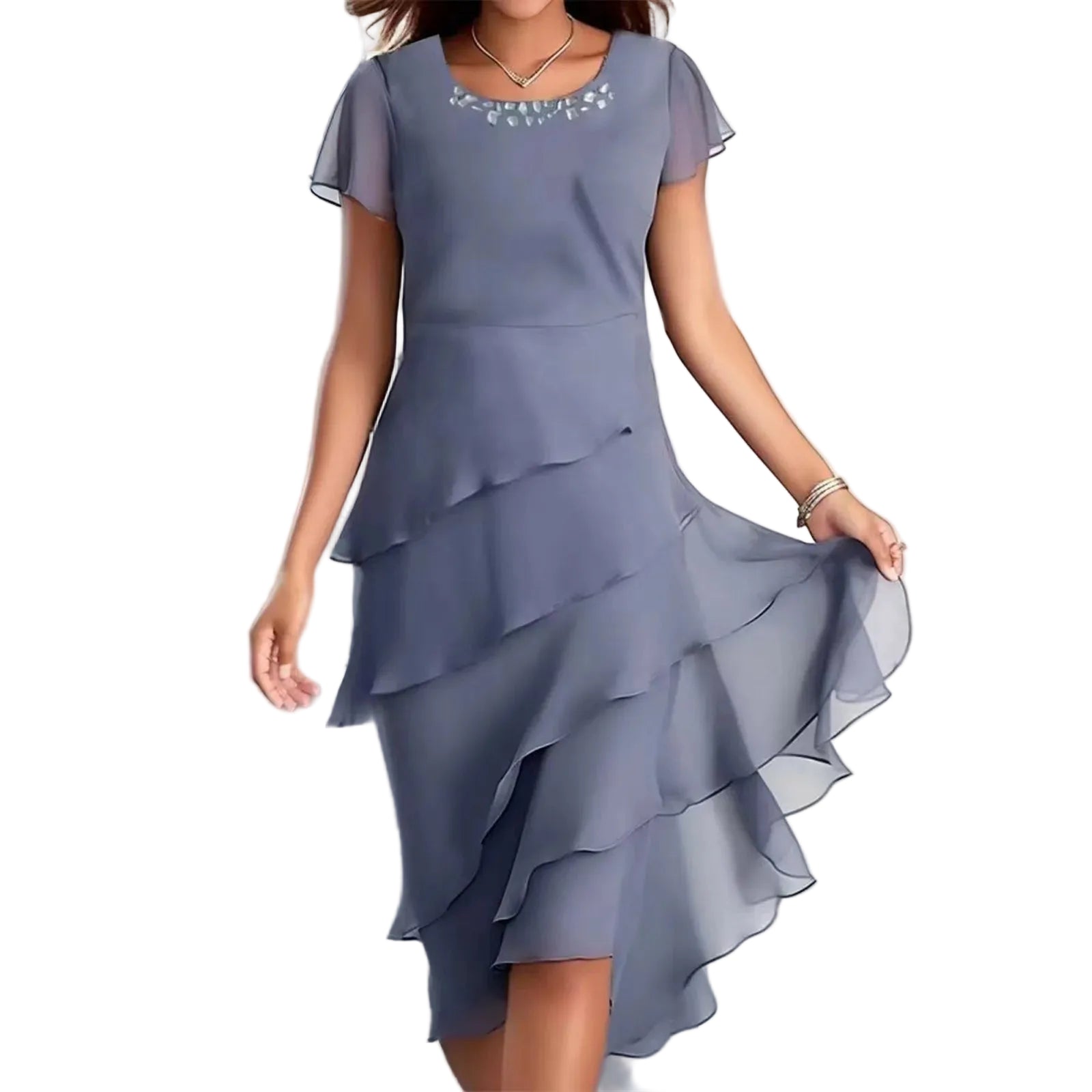 Layered Chiffon Midi Dress with Puff Sleeves and Cascading Ruffle Hem