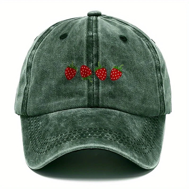 Vintage Washed Baseball Cap Embroidered Fruit Detail Curved Brim Casual Streetwear Hat