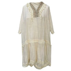 Relaxed Bohemian V-Neck Tunic Dress with Ornate Trim and Lace Details