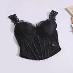 Soft Pink Floral Lace Bustier Tank Top with Ruffled Straps and Center Bow