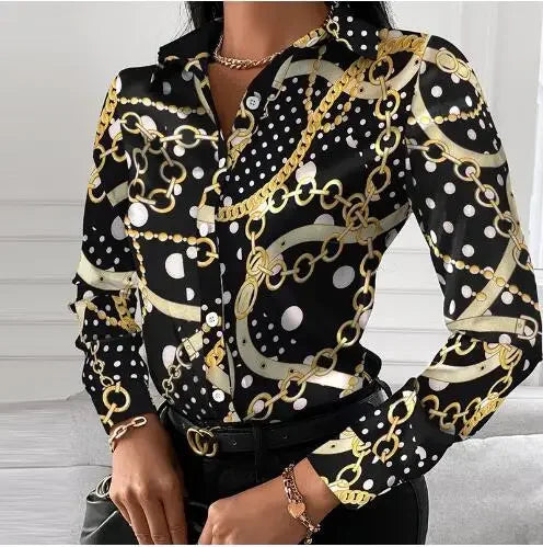 Bold Baroque Chain Print Slim-Fit Button-Down Blouse