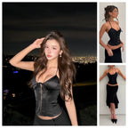 Sleek Black Satin V-Neck Corset Camisole with Slender Halter Straps