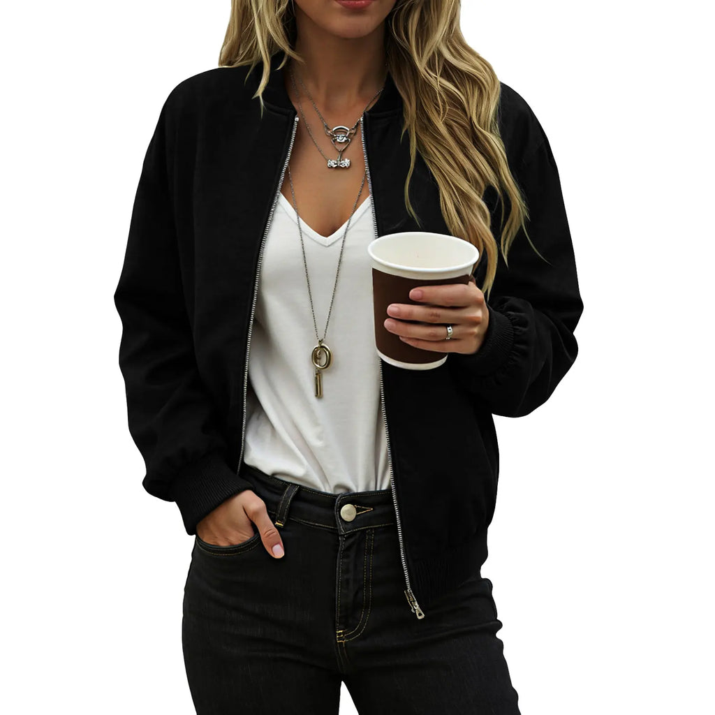 Women's Minimalist Zip Front Faux Suede Bomber Jacket for Contemporary Streetwear