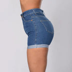 Women's High Waist Denim Shorts with Rolled Hem Slim Fit and Classic Everyday Style