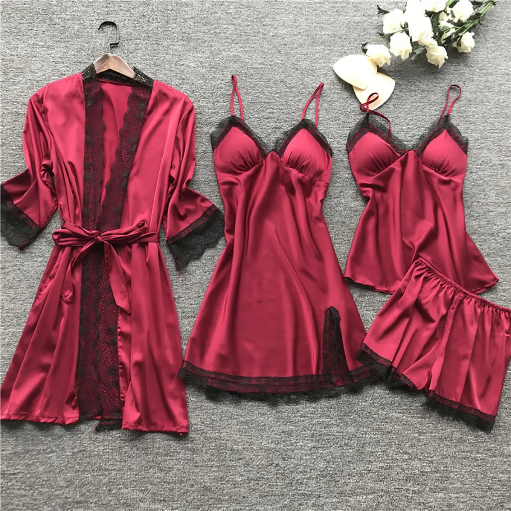 Women's Satin-Look Lace Lingerie Nightgown Set with Matching Robe, Sleeveless Mini Dress and Decorative Garter-Style Detail