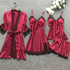 Women's Satin-Look Lace Lingerie Nightgown Set with Matching Robe, Sleeveless Mini Dress and Decorative Garter-Style Detail
