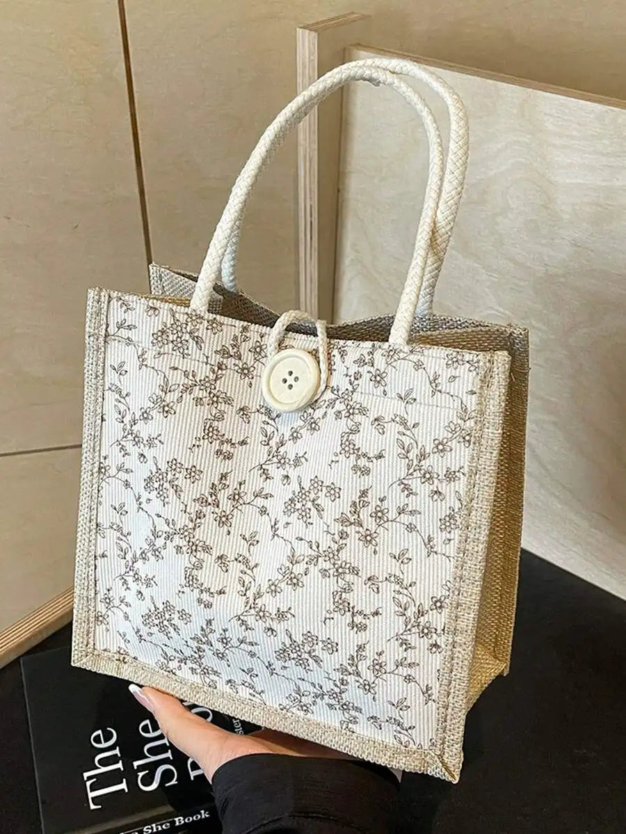 Floral Print Linen Tote Shoulder Bag with Button Closure Design