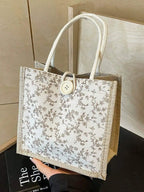 Floral Print Linen Tote Shoulder Bag with Button Closure Design