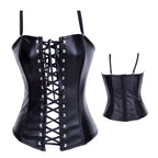 Black Faux Leather Lace-Up Bustier Top with Thin Shoulder Straps