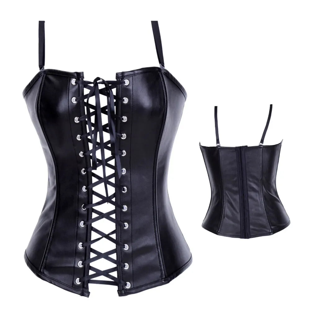 Black Faux Leather Lace-Up Bustier Top with Thin Shoulder Straps