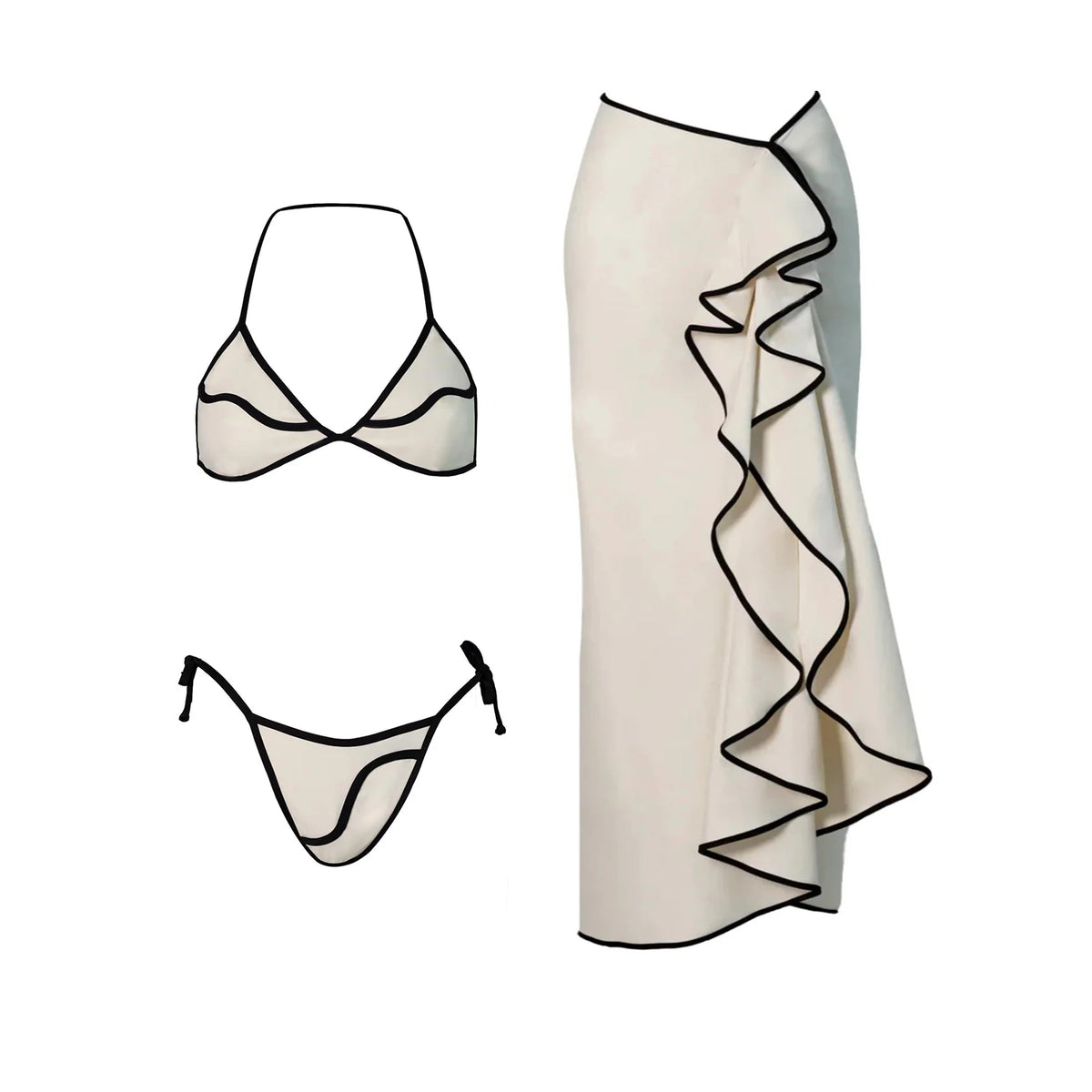 Cream and Black Contrast-Trim Triangle Bikini with Matching Maxi Skirt