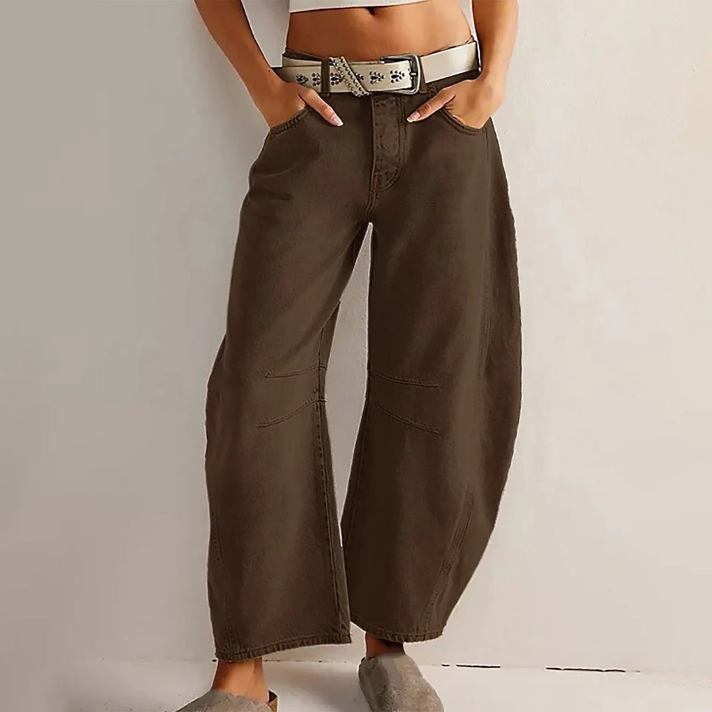 Women's Mid Rise Barrel Leg Cropped Denim Jeans with Relaxed Wide Leg Silhouette
