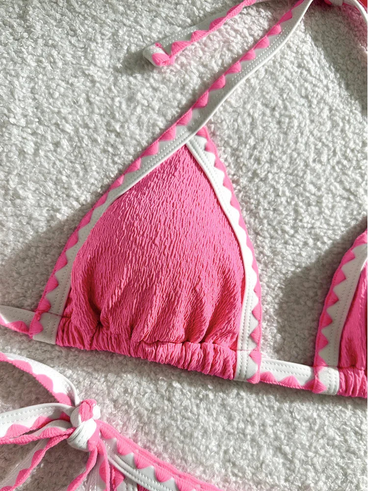 Light Blue Textured Triangle String Bikini with Delicate Ruffled Trim
