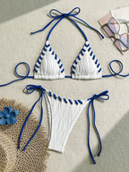 Textured Cream Triangle String Bikini with Shell-Inspired Embellishments