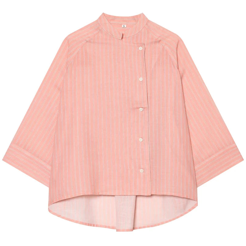 Asymmetrical Button-Front Striped Blouse with Modern Stand Collar