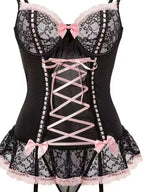 Romantic Black Lace Corset Bodysuit with Contrast Ribbon Lace-Up and Ruffled Trim