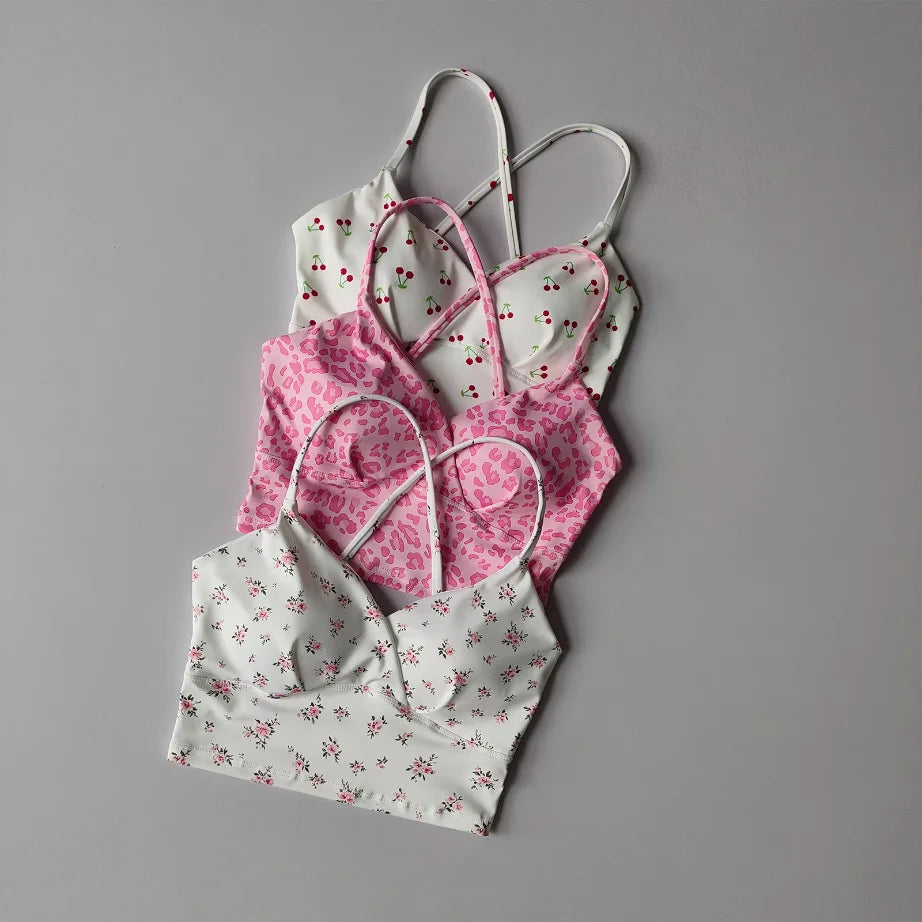 Playful Cherry Print Longline Sports Bra with Criss-Cross Open Back