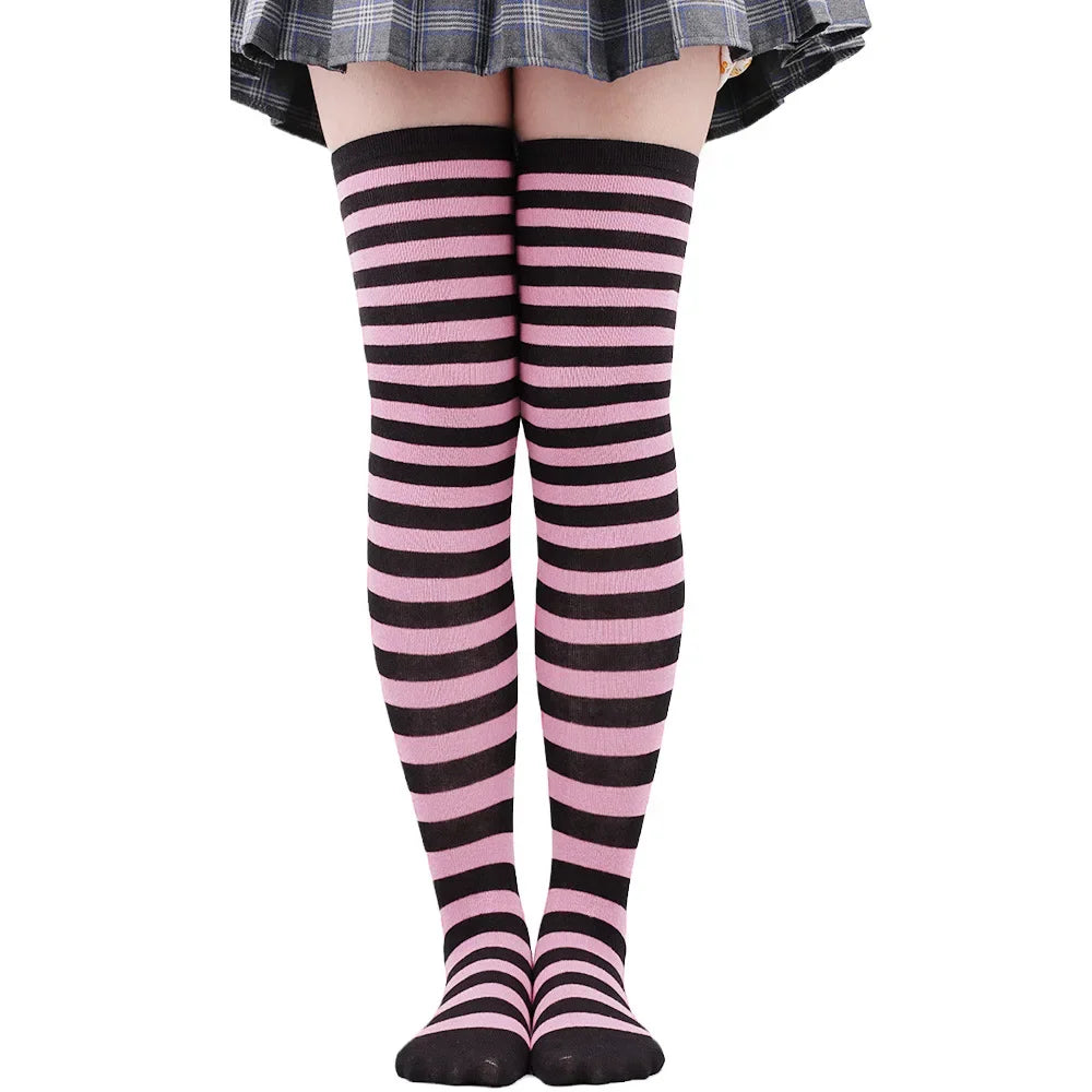 Striped Thigh High Socks with Stretch Knit Construction for Casual Y2K Streetwear Fashion