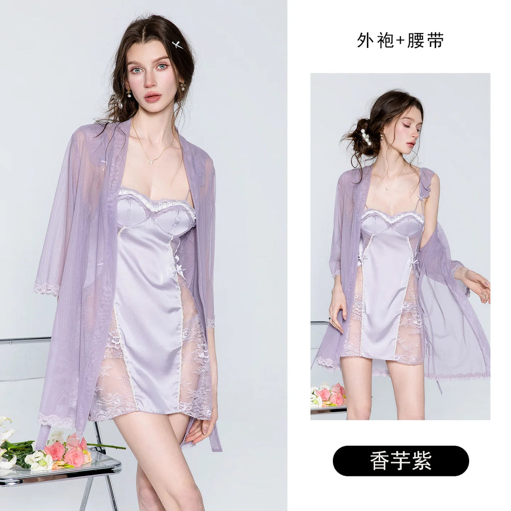 Ethereal Ivory Two-Piece Sleepwear Set with Lace-Paneled Chemise and Sheer Long-Sleeve Robe
