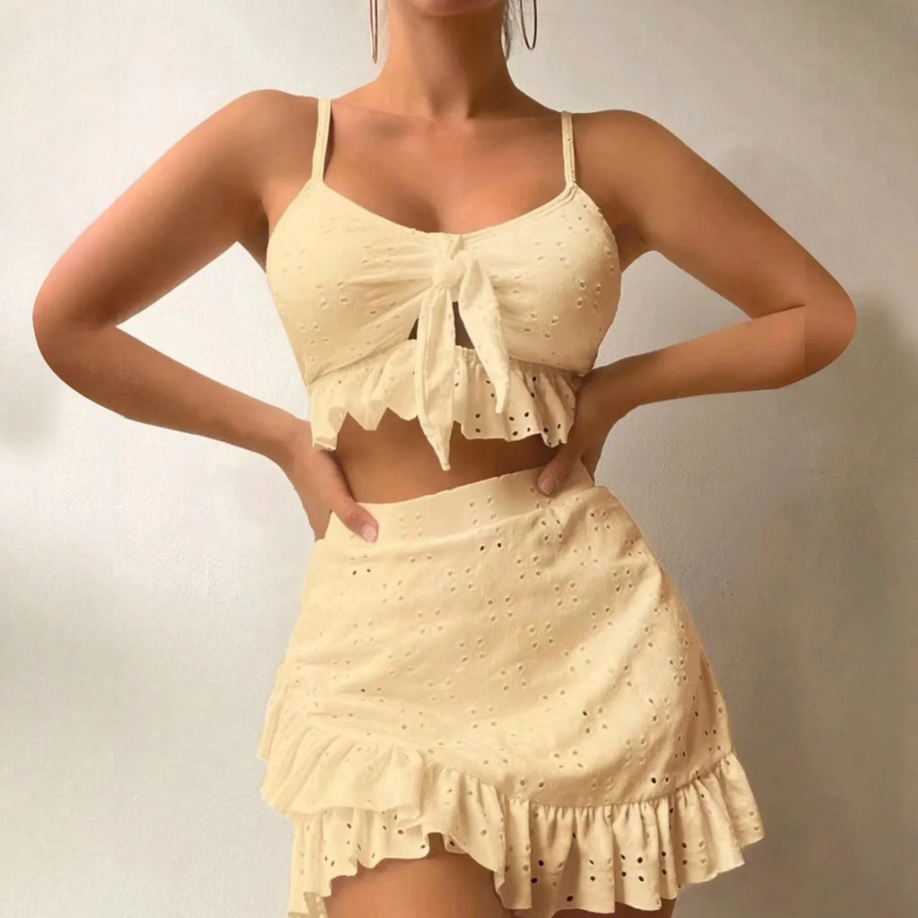 Emerald Green Two-Piece Swimwear Set with Gathered Camisole-Style Top and Layered Ruffle Skirt Cover-Up