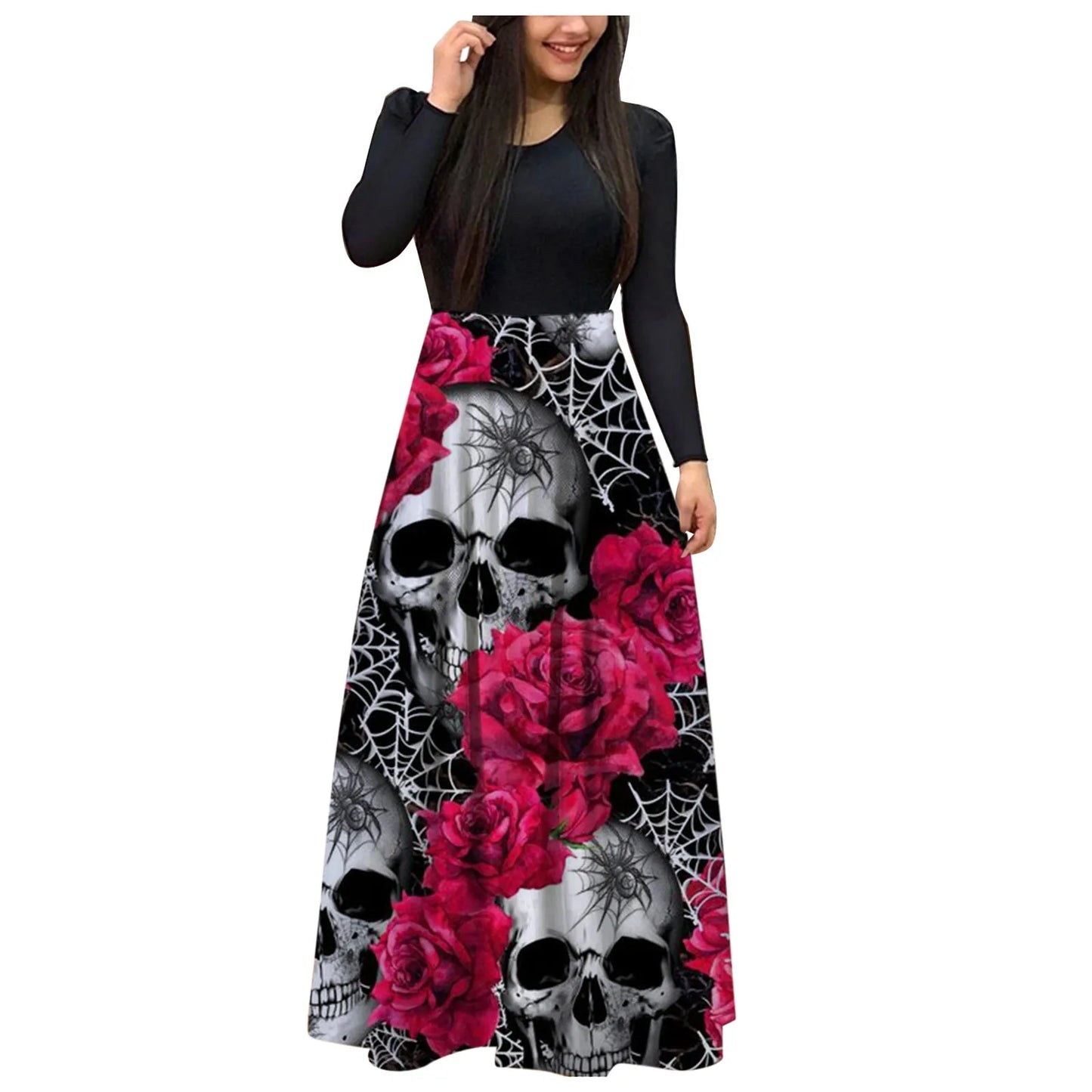 Dark Romantic Skull and Floral Gothic Maxi Dress with Elegant Fit