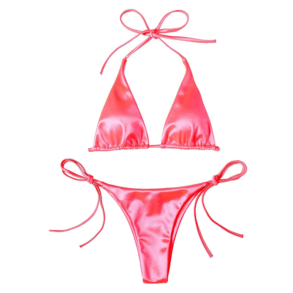 Metallic Satin Halter Bikini Set with High-Cut Bottom, Brazilian-Inspired Silhouette and Shimmering Beachwear Finish