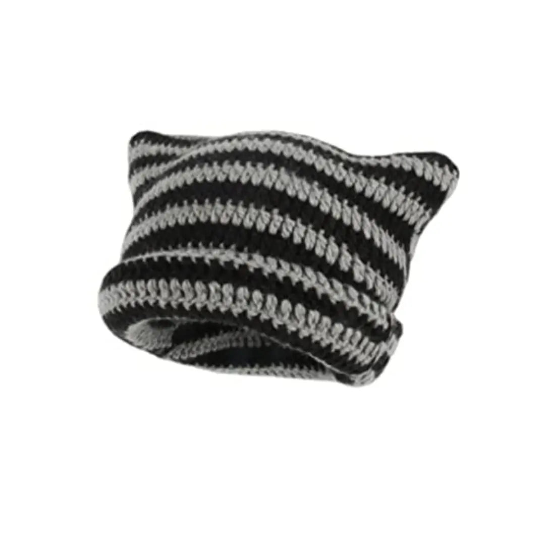 Striped Cat Ear Knit Beanie with Cotton Blend Construction for Playful Streetwear Winter Fashion