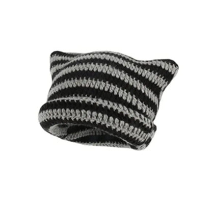 Striped Cat Ear Knit Beanie with Cotton Blend Construction for Playful Streetwear Winter Fashion