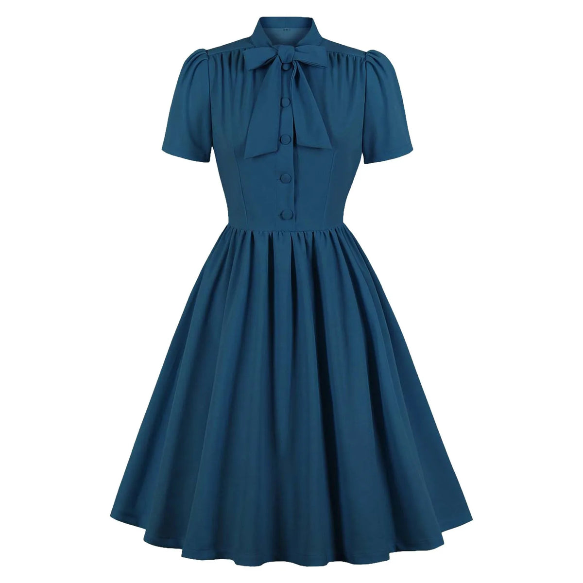 Retro Preppy Light Blue Midi Dress with Bow Collar and Button Bodice