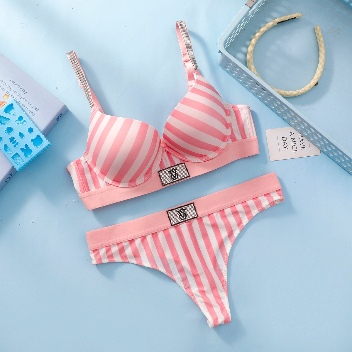 Dynamic Patterned Demi Contour Bra and Panty Set with Metallic Accents