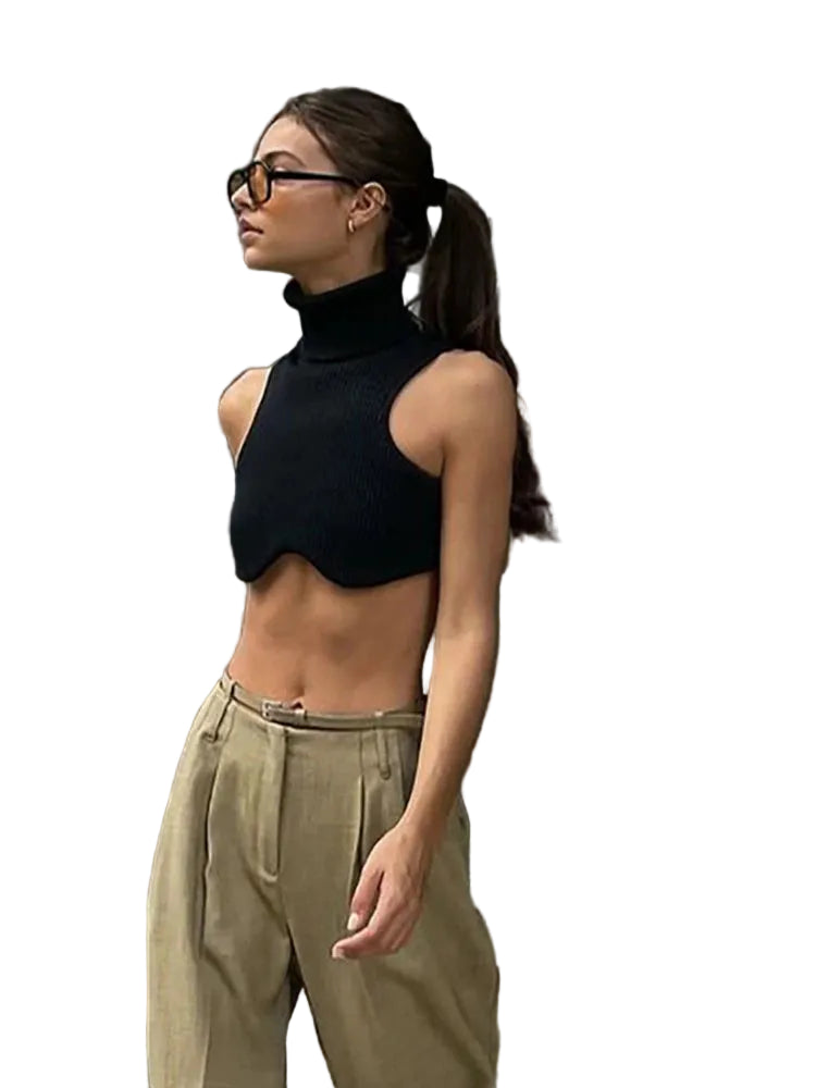 Ribbed Turtleneck Sleeveless Crop Top with Cutout Hem Slim Streetwear Fit