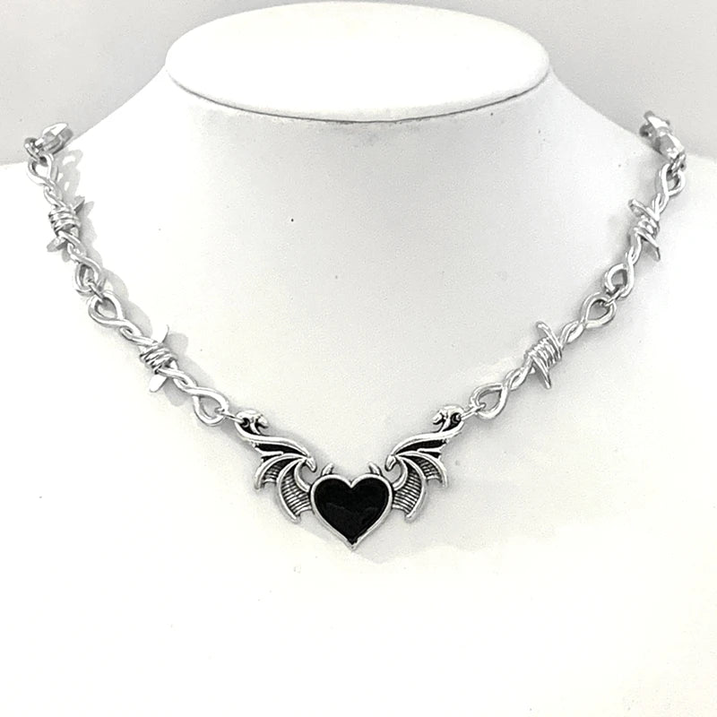 Barbed Heart Charm Choker Necklace for Gothic Y2K and Punk Styling