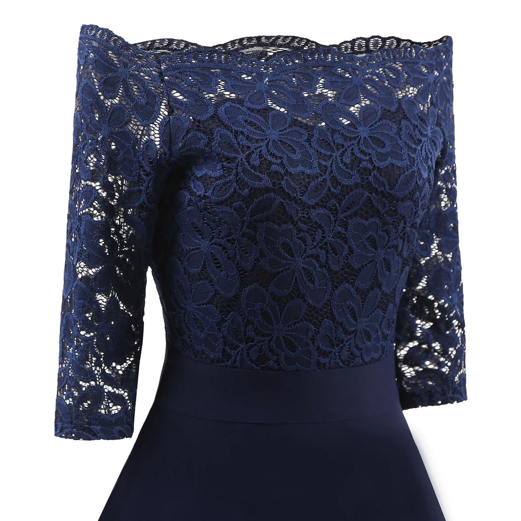 Elegant Burgundy Off-the-Shoulder Dress with Floral Lace Sleeves and Flared Skirt