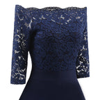 Elegant Burgundy Off-the-Shoulder Dress with Floral Lace Sleeves and Flared Skirt