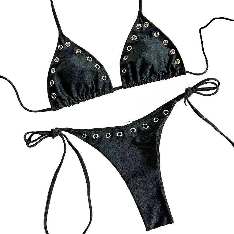 Sleek Black Triangle String Bikini with Metallic Rivet Hardware