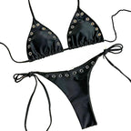 Sleek Black Triangle String Bikini with Metallic Rivet Hardware