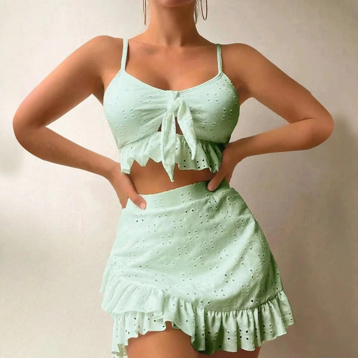 Solid Green Tie-Front Bikini Set with Matching Ruffled Mini Skirt