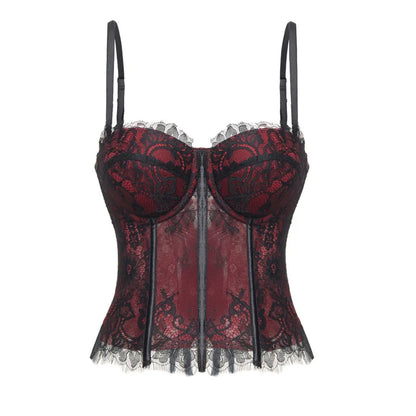 Lace Corset-Inspired Cami Top with Sheer Paneling and Adjustable Straps