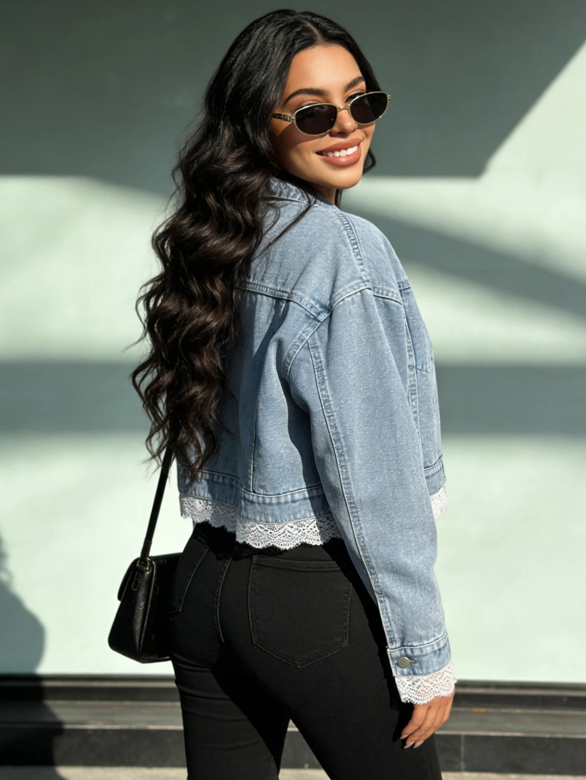 Cropped Denim Jacket with Decorative Hem Detail and Casual Streetwear Styling