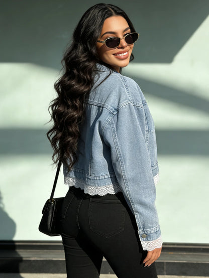 Cropped Denim Jacket with Decorative Hem Detail and Casual Streetwear Styling
