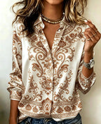 Teal Baroque Print Satin-Finish Blouse with Classic Button-Front Styling