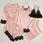5-Piece Pink Satin-Style Sleepwear Collection with Striking Black Scalloped Lace Trim