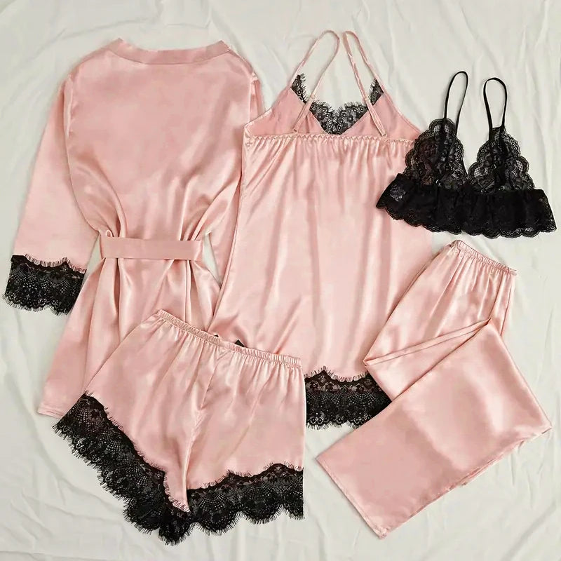 5-Piece Pink Satin-Style Sleepwear Collection with Striking Black Scalloped Lace Trim