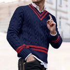 Men's Contrast Trim Cable Knit Relaxed Fit Streetwear Sweater Pullover