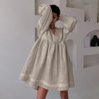 Relaxed Oversized V-Neck Smock Dress with Voluminous Sleeves and Lace Trim