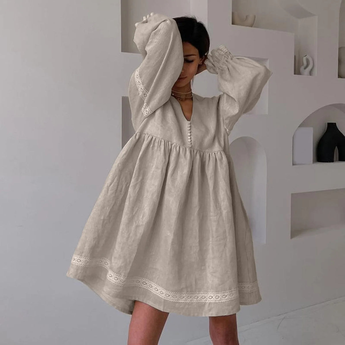 Relaxed Oversized V-Neck Smock Dress with Voluminous Sleeves and Lace Trim