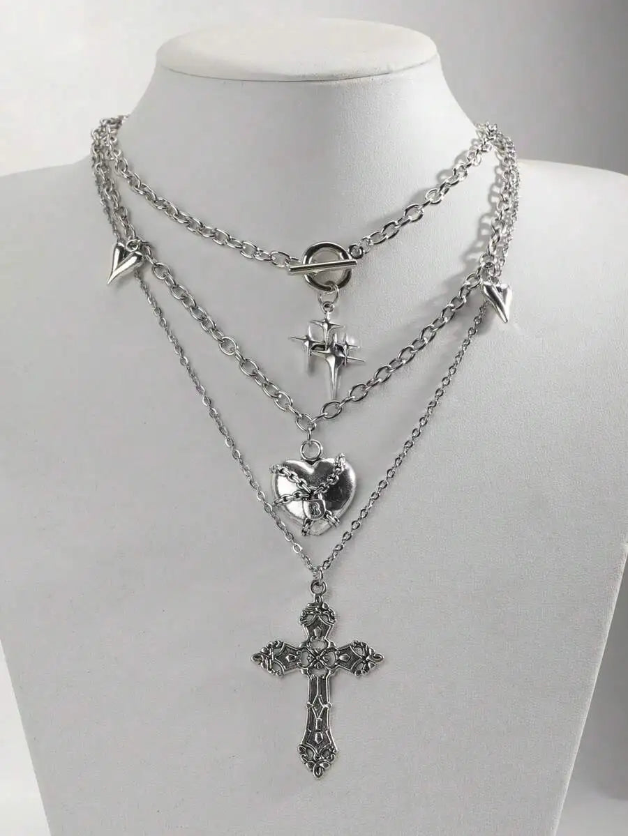 Layered Cross Pendant Necklace Set for Gothic Punk and Alternative Streetwear Fashion Styling
