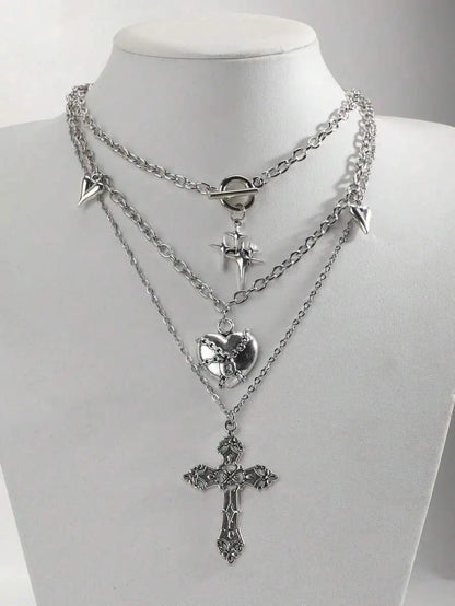 Layered Cross Pendant Necklace Set for Gothic Punk and Alternative Streetwear Fashion Styling